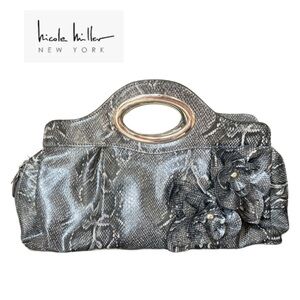 Nicole Miller Black and Gray Faux Snakeskin Clutch with Floral Accent